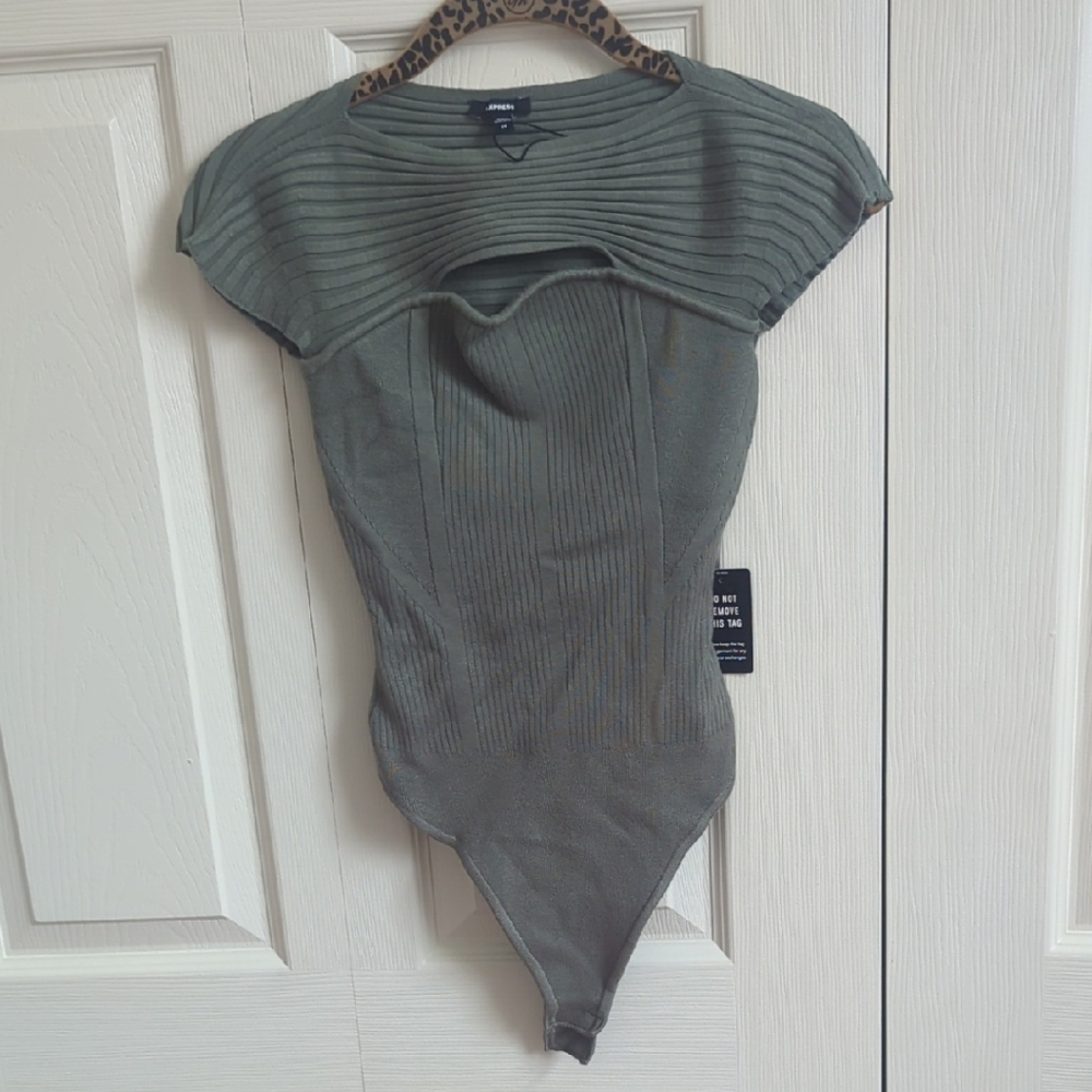 Express Women's Green Ribbed Bodysuit
